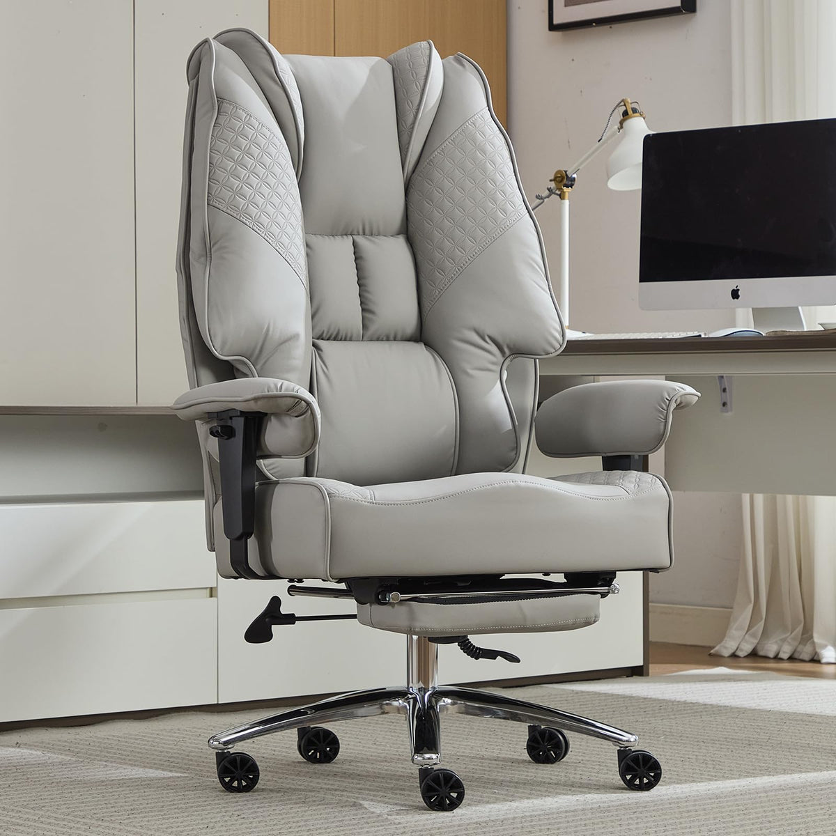EXCEBET Big and Tall Office Chair 400lbs Wide Seat, Leather High Back Executive Office Chair with Foot Rest, Ergonomic Chairs Lumbar Support for Lower Back Pain Relief (Light Grey)