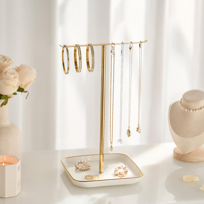 pickpiff Necklace Holder Stand with Ceramic Base: 12" Jewelry Tree Display Organizer for Necklaces, Bracelets, Rings, Earrings, Tall Gold Stand for Women, Aesthetic Room Décor, Gold and White
