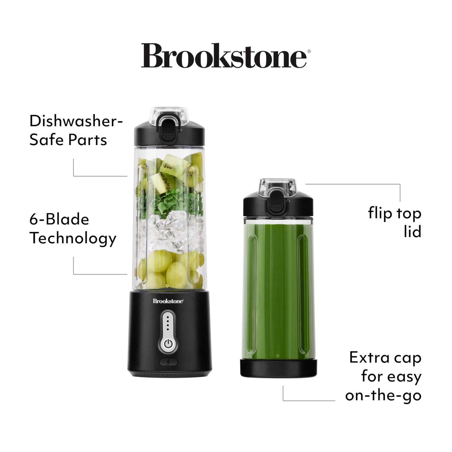 Brookstone 500mL Compact Portable Blender with Additional Lid for On-the-Go Convenience - Personal Blender Perfect for Shakes, Smoothies, Food Prep, and Frozen Blending, BPA-Free (White)