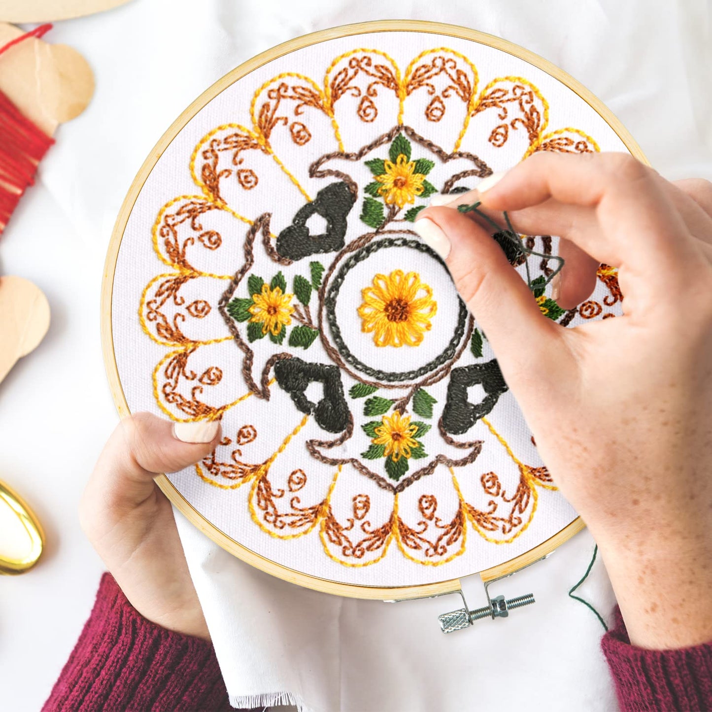 Whaline 4 Mandala Embroidery Starter Kit with Instruction Plum Blossom Chrysanthemum Orchid Lotus Needlepoint Cross Stitch Kit with Embroidery Hoop Threads Needle Scissors for Beginners DIY Craft