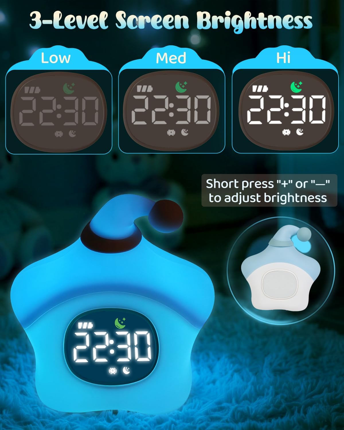 Star Alarm Clock with Night Light for Kids with Sleep Training and Sound Machine, Rechargeable Silicone Lamp OK to Wake