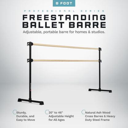 VITA Barre Portable Freestanding Double Ballet Barre, Professional, 8 Ft Bars, Black, Wood | Adjustable Height, Made in USA, Home or Gym Exercise Equipment for Kids & Adults | Dance, Fitness, Pilates