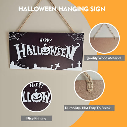 GLLBTPT Halloween Wood Hanging Sign Happy Halloween Decor Sign Spiderweb Sign for Front Door Halloween Decorations Outdoor, Halloween Party Decorations