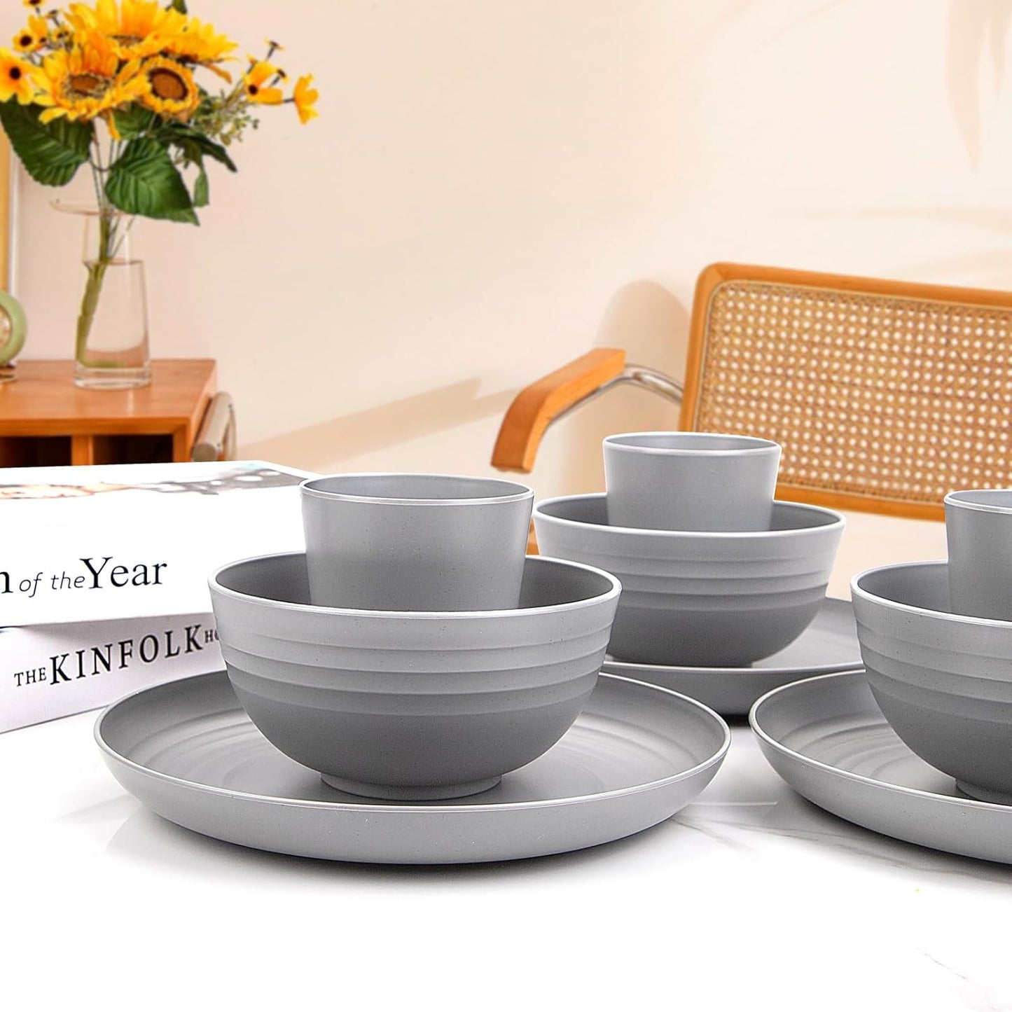 LIYH 36pcs Grey Wheat Straw Dinnerware Set - Reusable Plastic Plates and Bowls, Dishwasher Safe