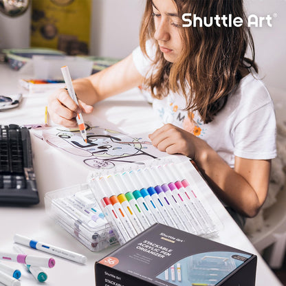 Shuttle Art 36 Automatic Ink Control Acrylic Paint Markers Organizer, Portable 3-Layer Transparent Storage Box, Stackable Pen Holder for Art Supplies,Ideal for Home, Office & School Desk Organization