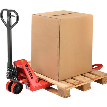 Global Industrial Standard Duty Narrow Pallet Jack with 21" W x 48" L Forks, 5500 lb. Capacity, Manual Pallet Truck for Warehouse, Manufacturing and Retail, Red Powder Coat Finish