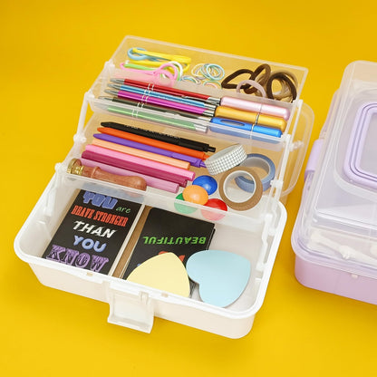 Tackle Box Organizers and Storage,9.8inch Craft Organizers and Storage,Three-Layer Sewing Box With 2 Trays,Medicine Storage Box With Handle For Nail、Makeup、Diamond Painting、Building Blocks (White)