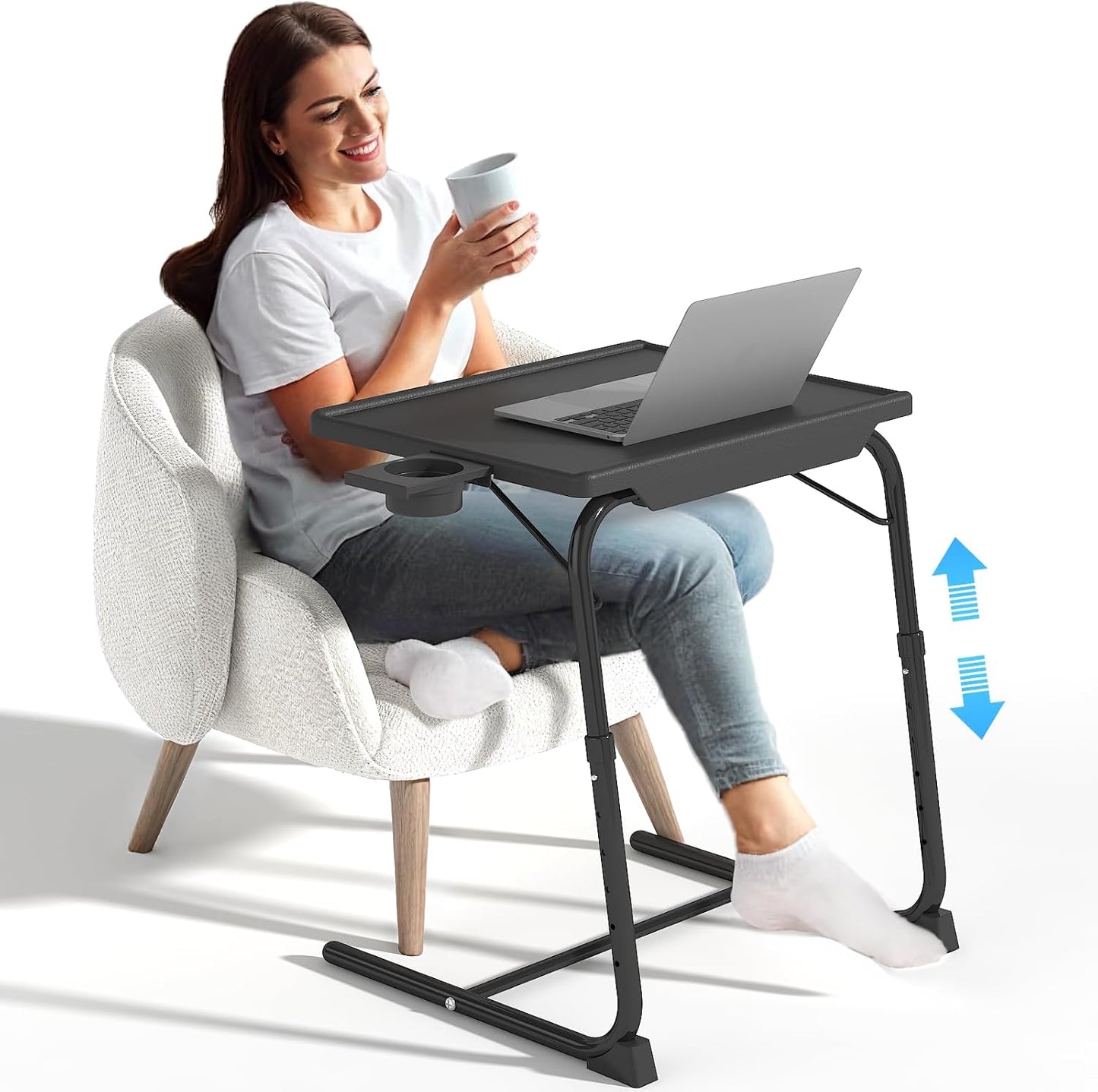 6 3 TV Tray Table, Adjustable TV Dinner Table for Eating on Couch with Cup Holder, Folding Couch Desk with Height