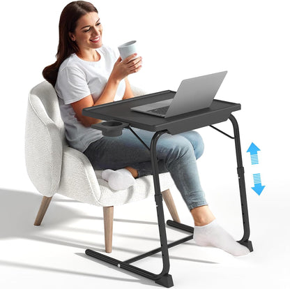6 3 TV Tray Table, Adjustable TV Dinner Table for Eating on Couch with Cup Holder, Folding Couch Desk with Height