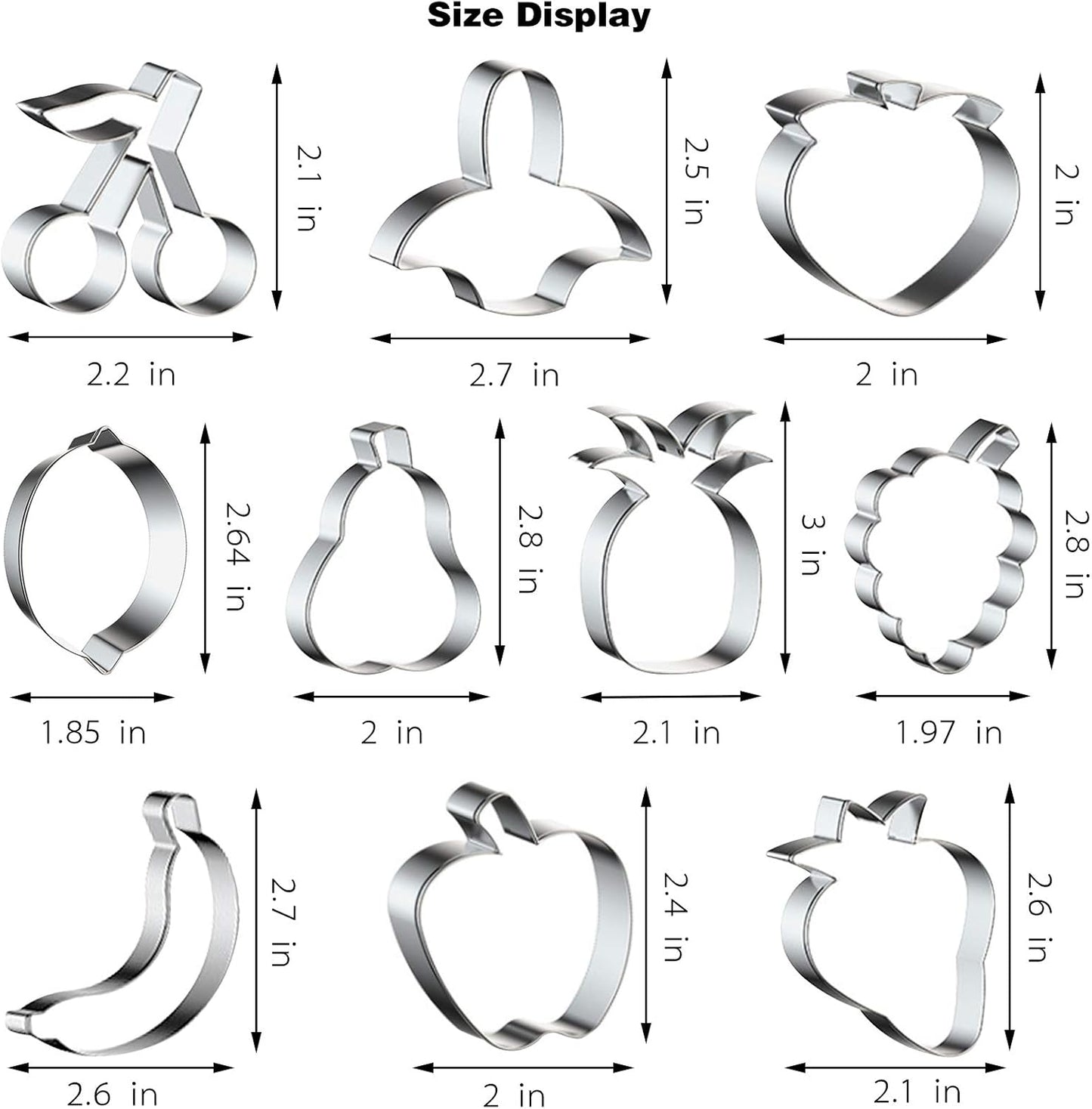 10PCS Stainless Steel Fruit Cookie Cutters Set, Molds for Pineapple, Strawberry, Pear, Lemon, Apple, Grape, Peach,