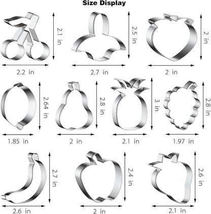 10PCS Stainless Steel Fruit Cookie Cutters Set, Molds for Pineapple, Strawberry, Pear, Lemon, Apple, Grape, Peach,