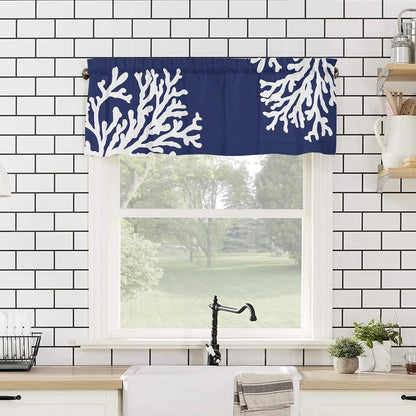 Navy Blue Coral Farmhouse Short Window Curtain Valances, 1 Panel Coastal Nautical Rod Pocket Kitchen Valances