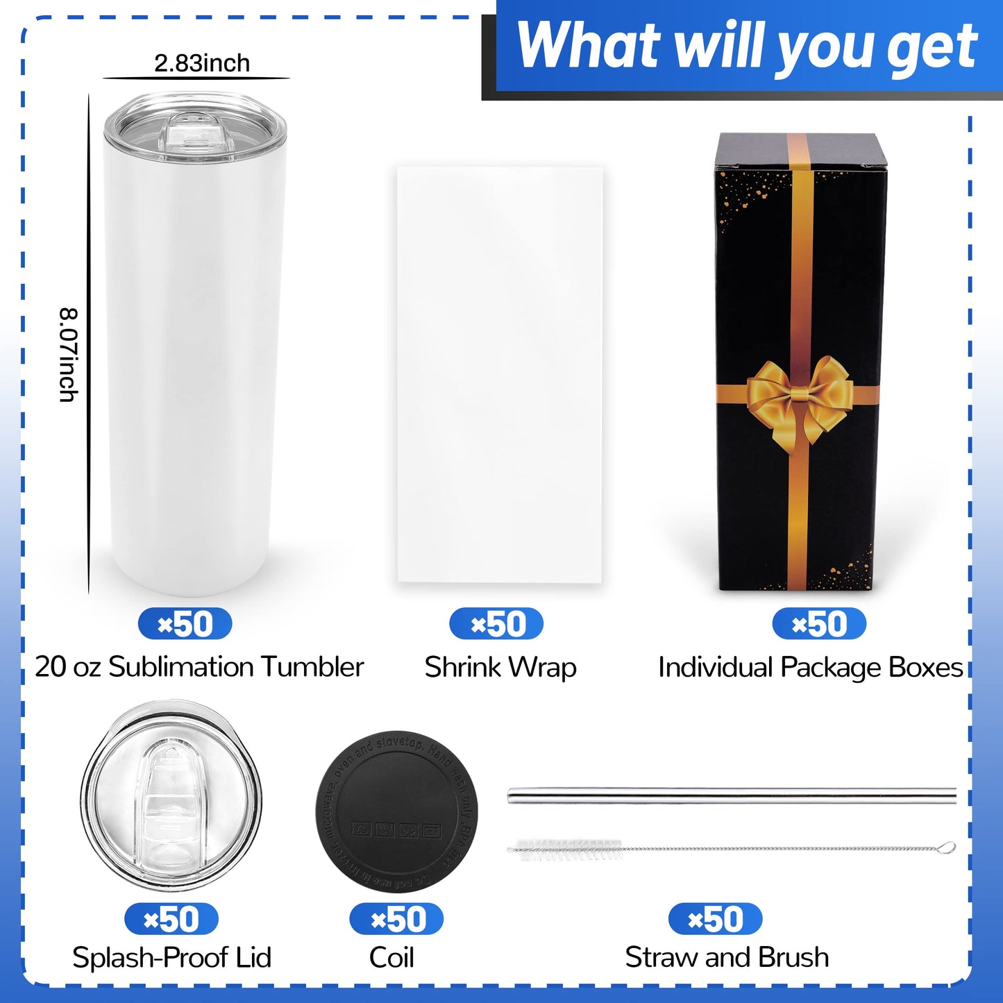 Joyclub 50 Pack Sublimation Tumblers Blank 20 oz Straight Skinny bulk for Heat transfer, Double Wall Insulated Tumbler with Lids, Straw, Rubber Bottoms, Individually Gift Boxed and Shrink Wrap Films