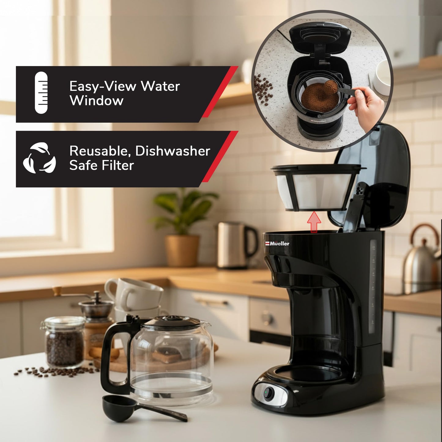 Mueller 12-Cup Drip Coffee Maker - Borosilicate Carafe, Auto-Off, Reusable Filter, Anti-Drip, Keep-Warm Function, Clear Water Level Window Coffee Machine, Kitchen Essentials & Accessories