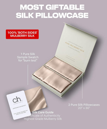 SUNDAYSILKS™ Silk Pillow Cases - 22 Momme Mulberry Silk Set of 2 | 100% Pure Slip Pillowcases for Couples - Standard/Queen/King Size [Nude Champagne]
