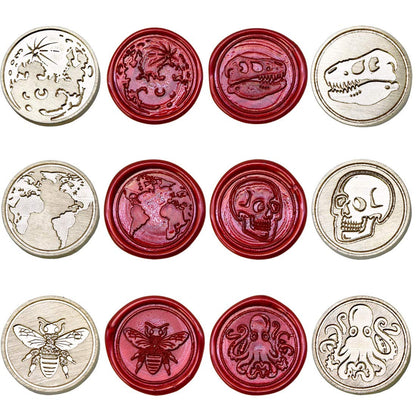 Wax Seal Stamp Kit, Set of 6 Sealing Wax Stamp with Brass Head Wooden Handle (Moon & Sun World Map Dinosaur Skeleton Bumblebee Octopus Design)