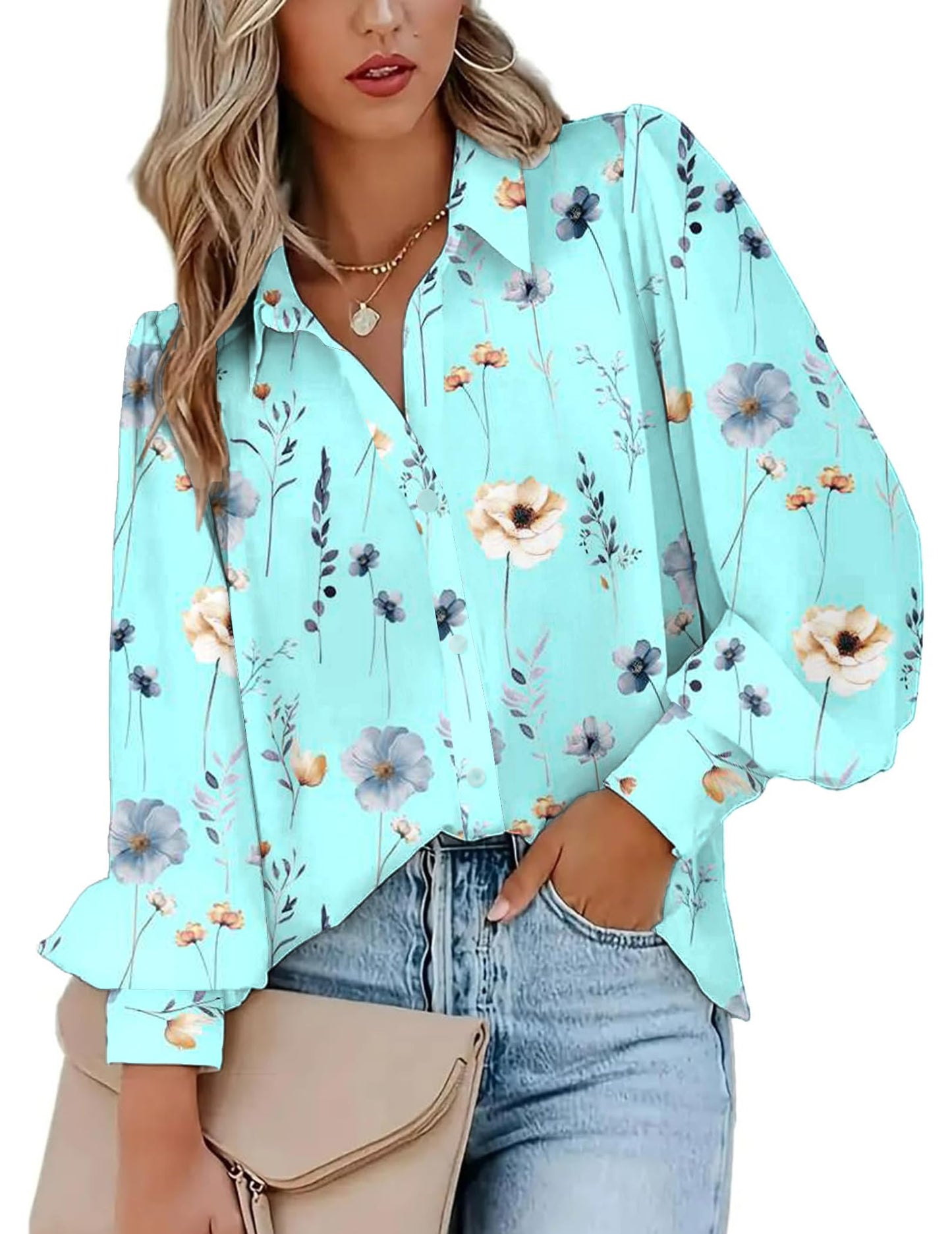Zeagoo Womens Shirts Button Down Printed Lantern Long Sleeve Blouse Fashion Casual Tops 2025