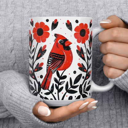 Cardinal Bird Ceramic Coffee Mug - Floral Nature Tea Cup, Gift for Women Mom Friend (15oz)