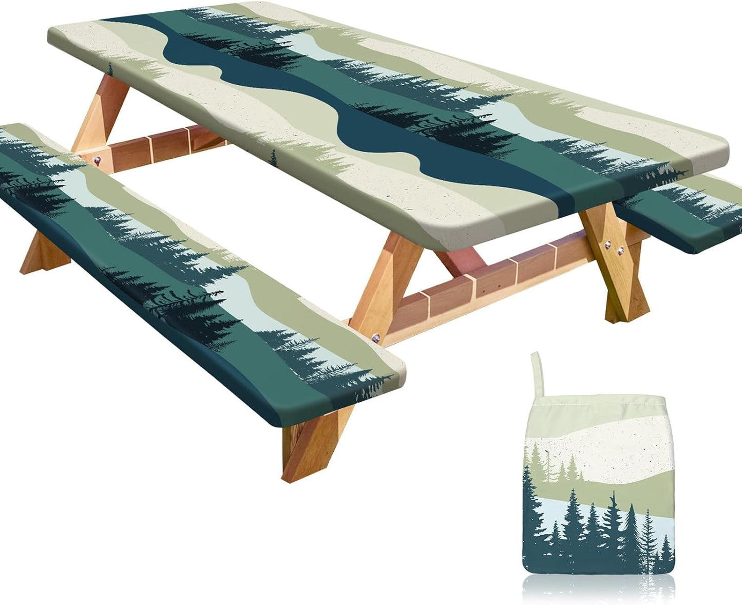 HobbLab Rv,96in,Green Picnic Table Cover with Bench Covers Portable Table Cloth Built-in Storage Pocket Fitted