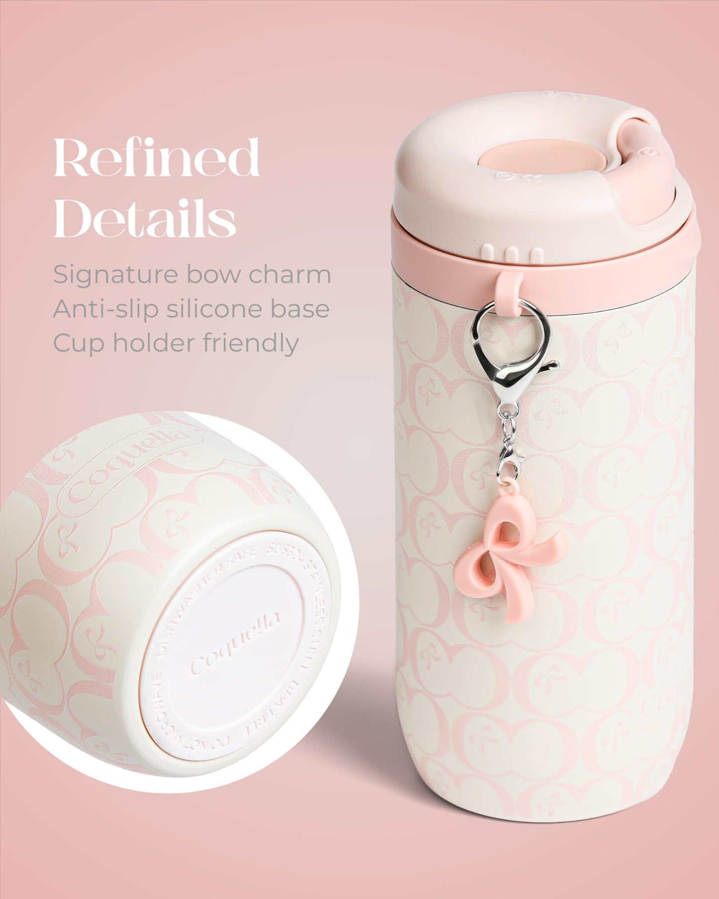 Coquella 15 oz Stainless Steel Coffee Tumbler with Twist-Open Lid, Insulated Travel Mug for Iced Coffee Cold Brew and Warm Beverages, Leakproof, BPA-Free, Cup Holder Friendly, Bow Charm, Blush Pink