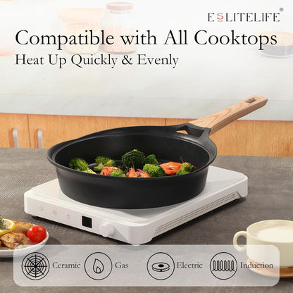ESLITE LIFE Nonstick Deep Frying Pan Skillet with Lid, 9.5 Inch Healthy Granite Coating (Black)