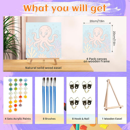 4 Pack Paint by Numbers Kit for Kids with Frame - Animals Paint by Number for Kids, Marine Animals Kid Painting by Number Kits Age 5-8, DIY Acrylic Oil Painting Kits for Home Wall Decor (8X8inch)