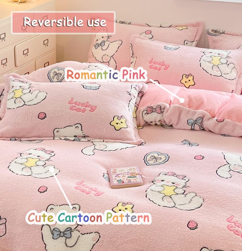 LMONMOO Pink Duvet Cover Queen, Bunny Cake Kawaii Bedding Sets, Ultra Soft Cute Fluffy Comforter Covers Set for Girls Kids Women Teen(Cake, Queen)