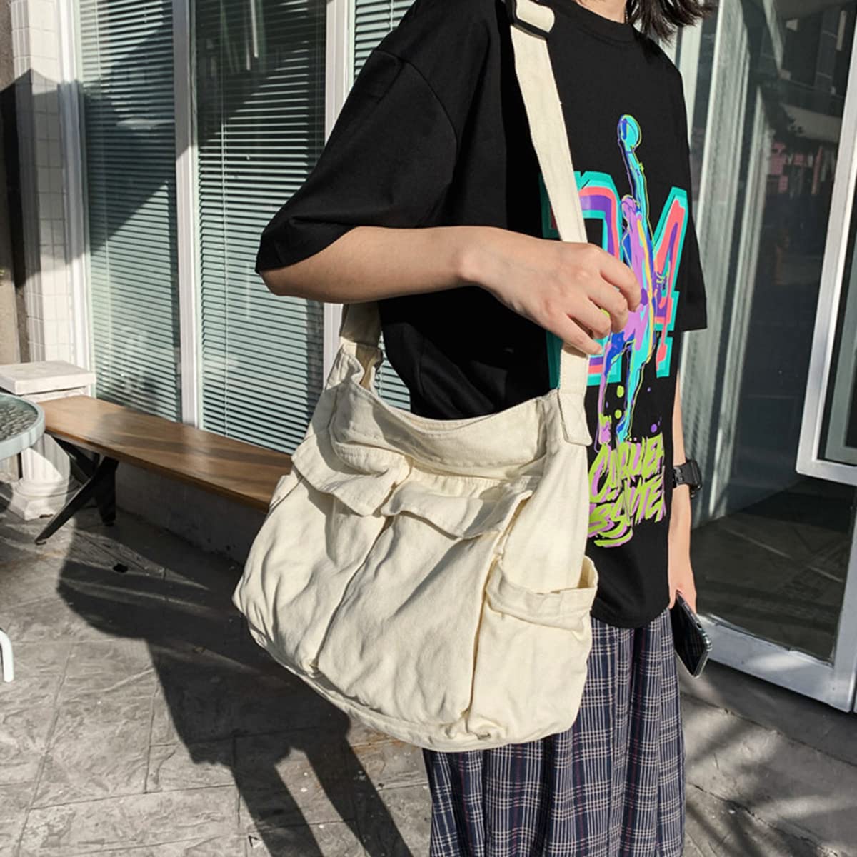GAXOS Aesthetic Cute Messenger Bag for School Vintage Black Canvas Crossbody for Women Shoulder Laptop Bag