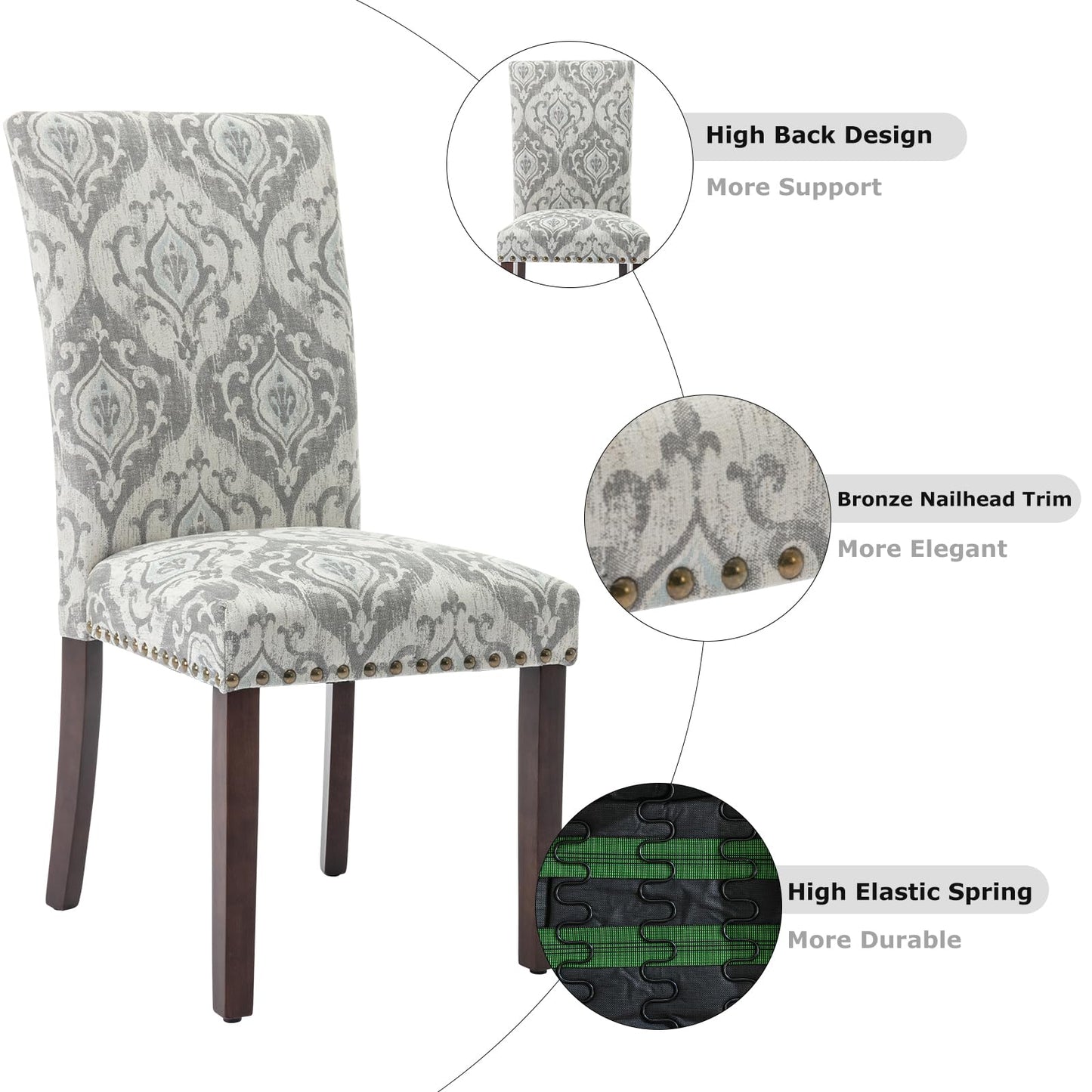 COLAMY Upholstered Parsons Dining Chairs Set of 4, Fabric Dining Room Kitchen Side Chair with Nailhead Trim and Wood Legs - Grey/White Flower