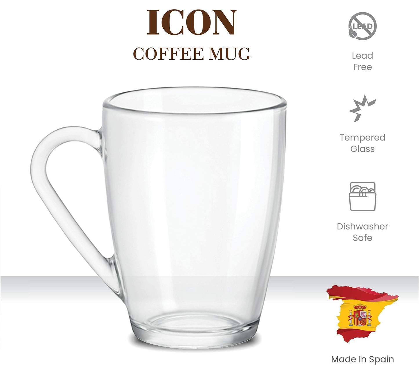 Bormioli Rocco Glass Coffee Mug Set, (6 Pack) 10¾ Ounce with Convenient Handle, Tea Glasses for Hot/Cold Beverages, Thermal Shock Resistant, Tempered Glass, for Cappuccino, Latte, Espresso, clear.