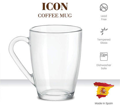 Bormioli Rocco Glass Coffee Mug Set, (6 Pack) 10¾ Ounce with Convenient Handle, Tea Glasses for Hot/Cold Beverages, Thermal Shock Resistant, Tempered Glass, for Cappuccino, Latte, Espresso, clear.