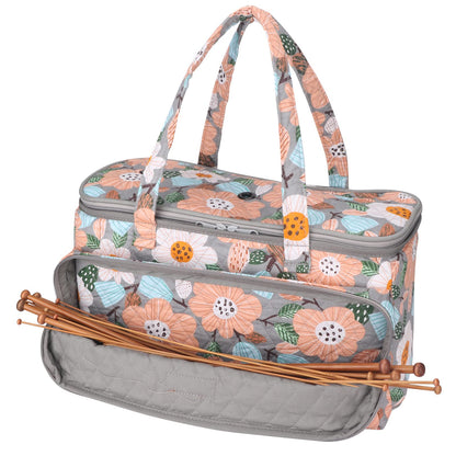Hanfetch Yarn Bag-Large Size-Yarn Storage Organizer with Grommets-Portable Crochet Bag for Yarn Skeins-Crochet Hooks-Knitting Needles -Other Accessories (Flower-Grey)