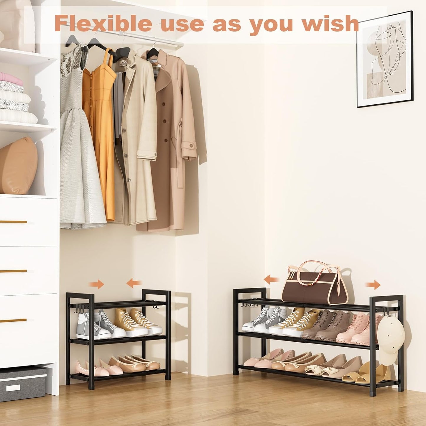 18"-33" Closet 12 3 5 LANTEFUL Adjustable Expandable Shoe Rack for Pairs Small Spaces Tier Shoe Organizer with Hooks