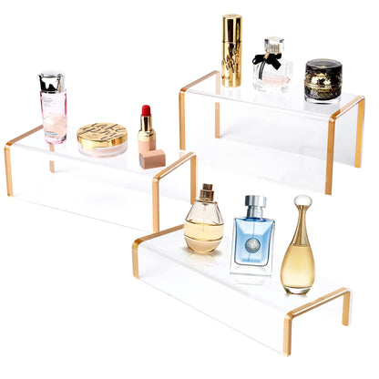 Purse Display Stand, 6mm Thick Clear Acrylic Risers Display Stands, Gold Shoe Display Riser, 3 Pack Luxury Handbag Bag Wallet Shoes Jewelry Perfume Display Showcase for Closet Retail Vendor Store