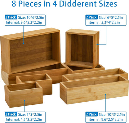 Lawei 8 Pieces Bamboo Drawer Organizer Boxes, Stackable Storage Tray for Kitchen, Bathroom, Office Desk