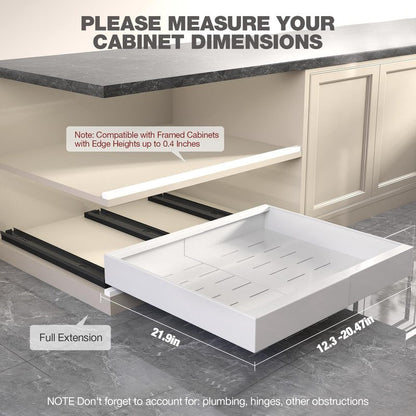 Seinloes 2 Pack Pull Out Cabinet Organizer 22" Deep,Full Extension 3 Slide Rails Slide Out Drawers With Raising Pad for Framed Cabinets,Expandable Width (12.3"-20.5"),No Drill Roll Out shelf,White