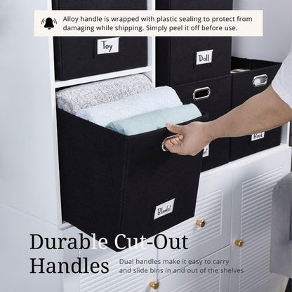 DECOMOMO Black Storage Bins - 11-Inch Cube Felt Baskets with Labels | Set of 6 for Organized Spaces