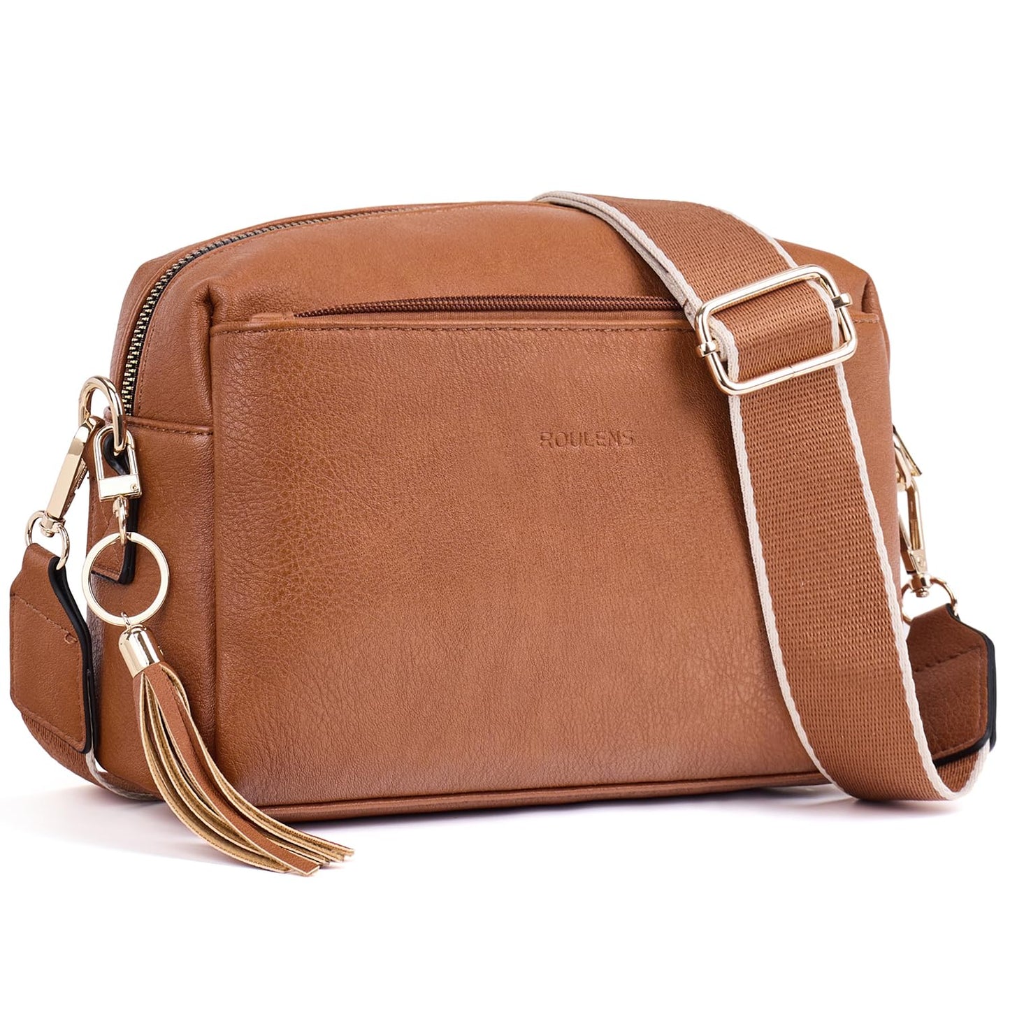 Roulens Triple Zip Small Crossbody Bag for women,Wide Strap Cell Phone Purse Shoulder Handbag Wallet with Credit Card Slots