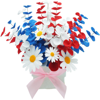 BAZIMA Felt Eucalyptus Daisy Bouquet, Felt Flowers,Multi-Color Felt Leaves,DIY Bouquet,Artificial Flower Bouquet with Flower Pot,Floral Gifts,15 Eucalyptus and 8 Daisies kit(Red, White and Blue)