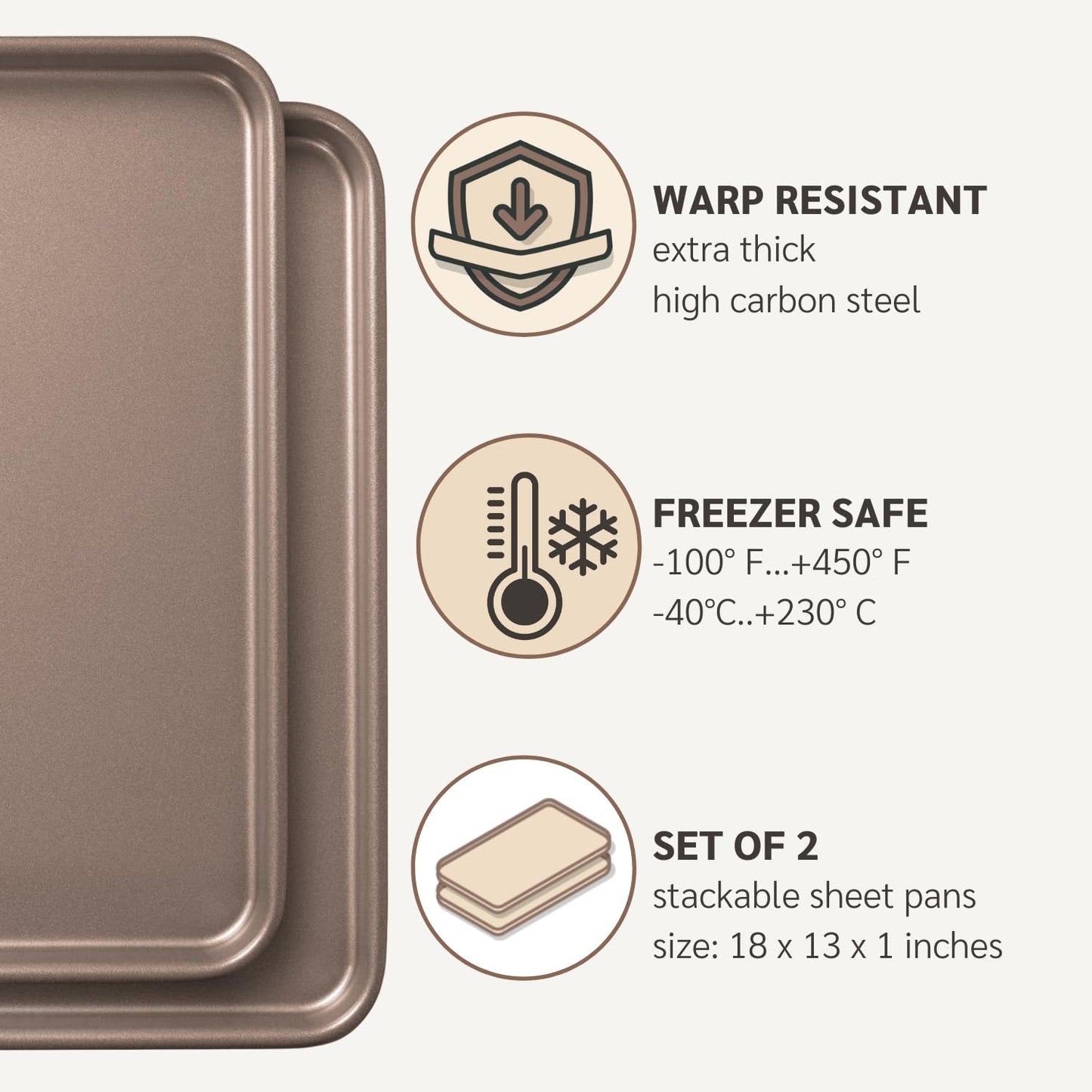HAPPIELS Nonstick Baking Sheet Set of 2 | PFOA & BPA Free Non Toxic Carbon Steel Cookie Sheets | Best Non Stick Oven Cooking Pans & Half Sheet Pan | Best Nontoxic Baking Trays 18 Inch