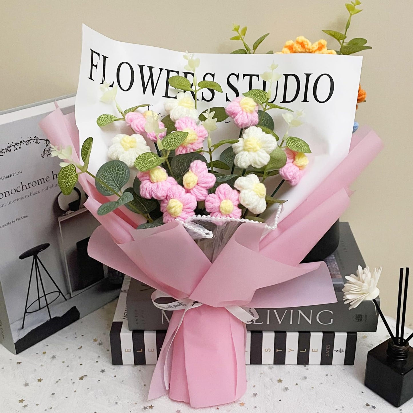 YUNBIAOSEN Completed Crochet Flowers Handmade Knitted Bouquet Crochet Bouquet Kit Knitted Fake Puff Flower, Gift for Mother Wife on Birthday Anniversary (Pink)