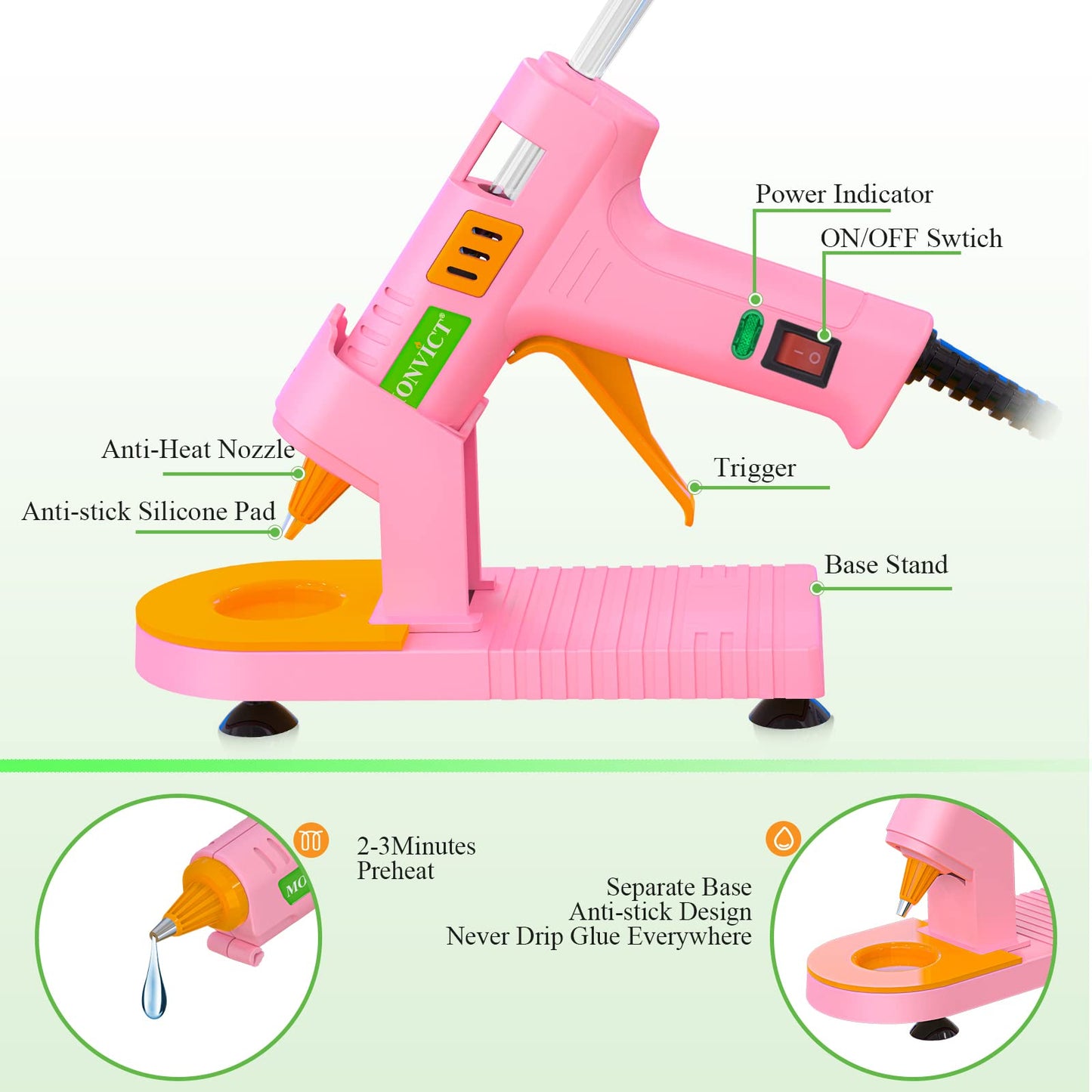 MONVICT Pink Hot Glue Gun Kit, Mini Glue Gun with Suction Cups Stand Anti Stick Silicone Mat, Hot Melt Glue Gun with Fine Tip & 30 Glue Sticks, On/Off Switch Design for DIY, Craft, Home School Project