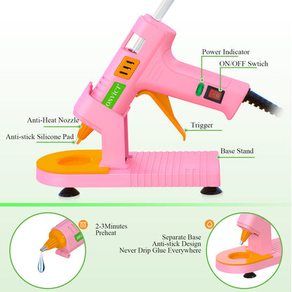 MONVICT Pink Hot Glue Gun Kit, Mini Glue Gun with Suction Cups Stand Anti Stick Silicone Mat, Hot Melt Glue Gun with Fine Tip & 30 Glue Sticks, On/Off Switch Design for DIY, Craft, Home School Project
