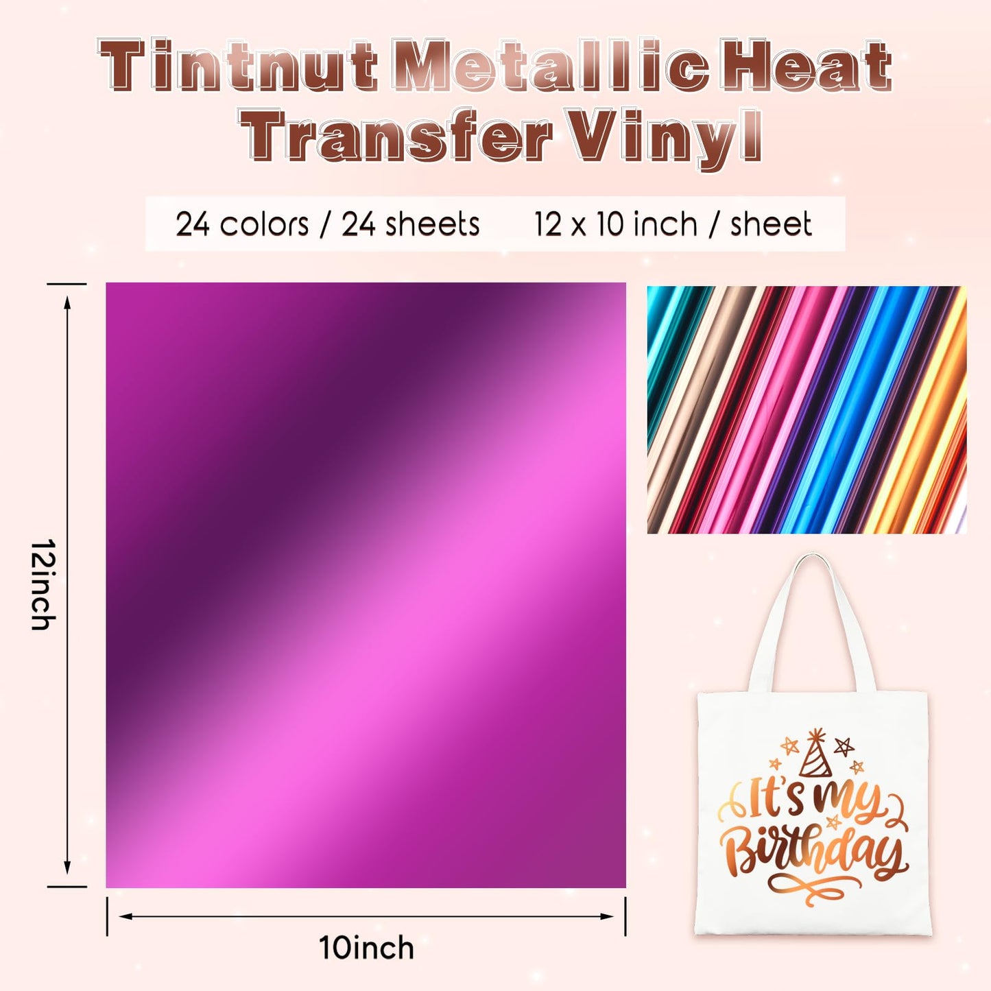 Tintnut Metallic Heat Transfer Vinyl Multicolored Chrome HTV -24 Sheets 12"x 10" Foil Holographic Iron On Vinyl for DIY T-Shirts Handbags Hats Crafts