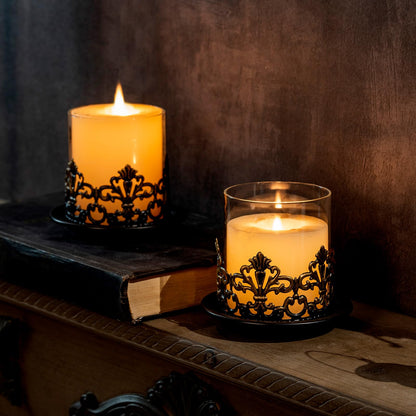 Woparty Vintage Gothic Glass Hurricane Candle Holders, Black Metal Base with Gold Accents, Clear Glass Sleeve, 4.3x4 Inch, Set of 2, for Pillar Candles