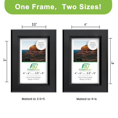 FrameWorks 2-Pack 1 3/8" Thick Black Wooden Shadow Box Picture Frames 4” x 6” with Removable White Mat to 3.5" x 5" Photo