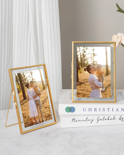 Jajamy Gold Floating Picture Frame Set of 2, Tempered Glass Floating Frames 5x7, Gold Picture Frame for Multi Size Photo 4 x 6, 3 x 5 for Tabletop Display