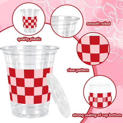 JarThenaAMCS 50Pcs Valentine's Day Plastic Cups with Lids Straws Drinking Cup 12oz Pink Red Checkered Heart Disposable Cups for Wedding Anniversary Valentine Party