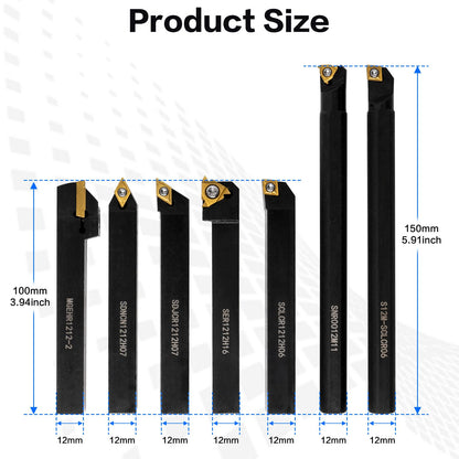 21 PCS Kit,Indexable Lathe Turning Tool,1/2" 12mm Shank,7Pcs Metal Lathe Cutting Holder with 14Pcs Carbide Turning Inserts,Carbide Lathe Turning Tools for Turning Grooving Threading Boring