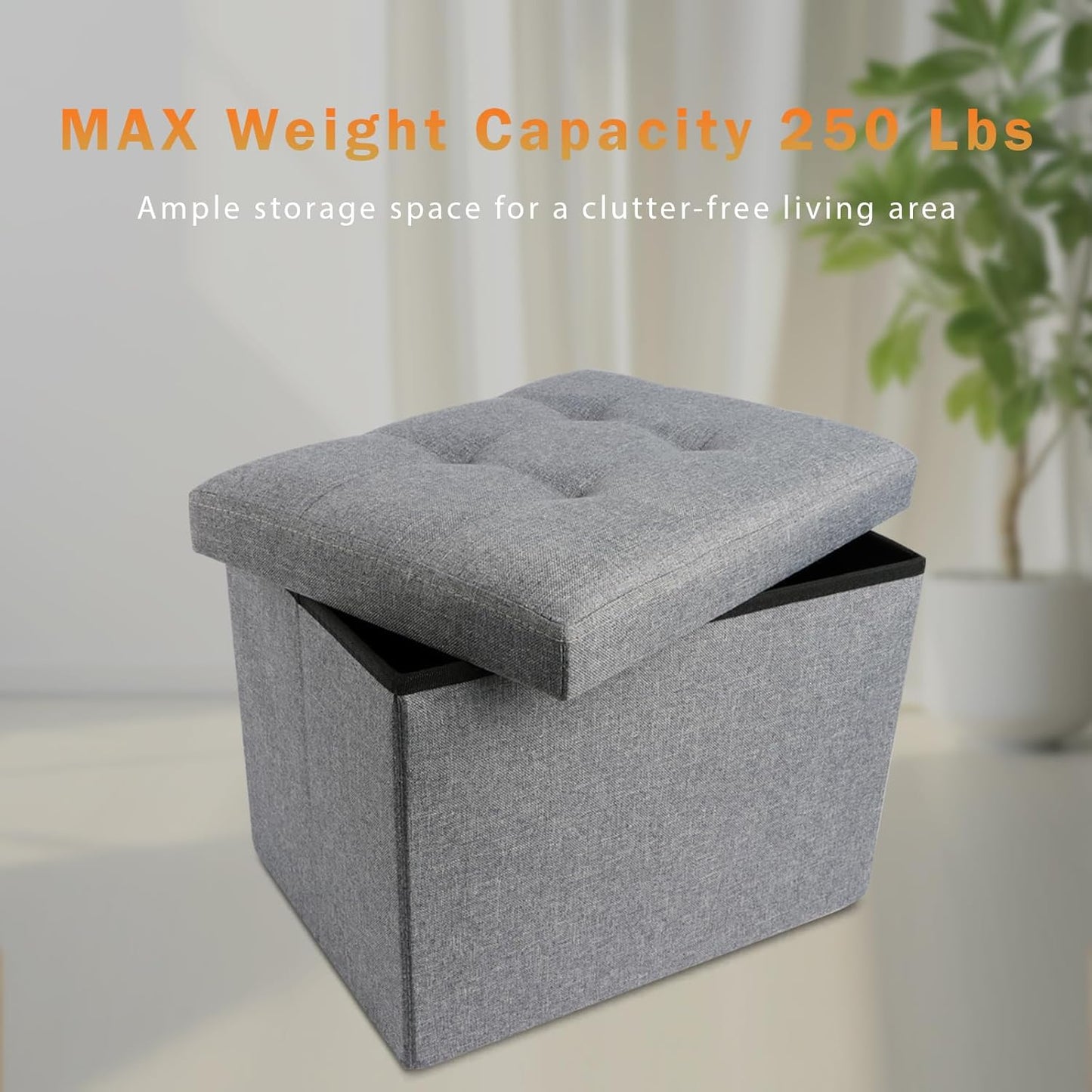NIENIE 15.7"X11.8"X11.8", Linen Folding Storage Ottoman Coffee Table Small Foot Stool for Living Room, Bedroom, Grey